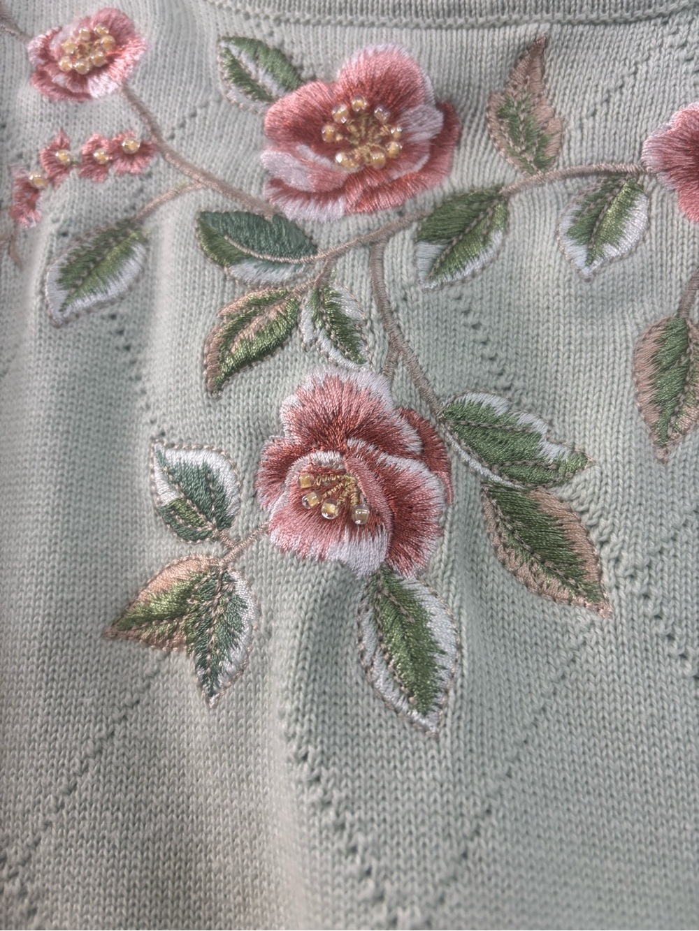 Alfred Dunner Floral Embroidered Beaded Short Sleeve Sweater Small Green VTG - Picture 3 of 8